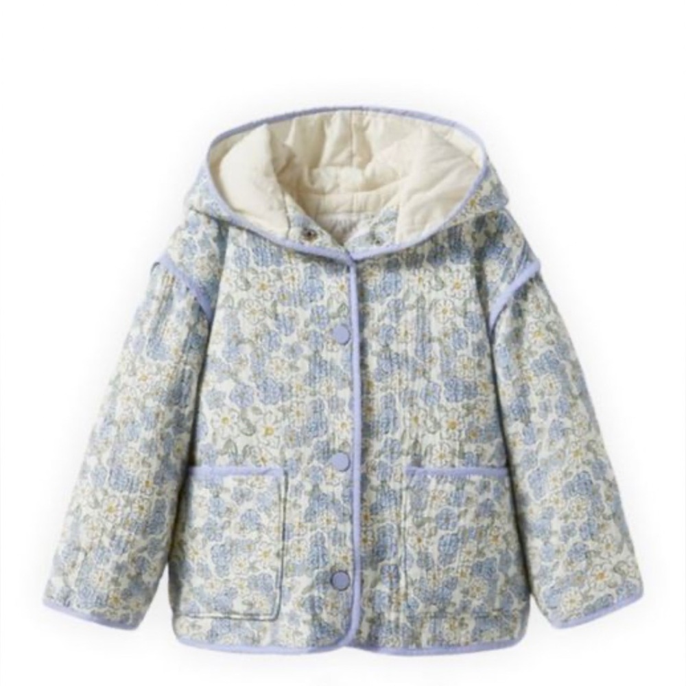 Zara Kids Blue and White Floral Floral Padded Jacket EUC 12-18 months
